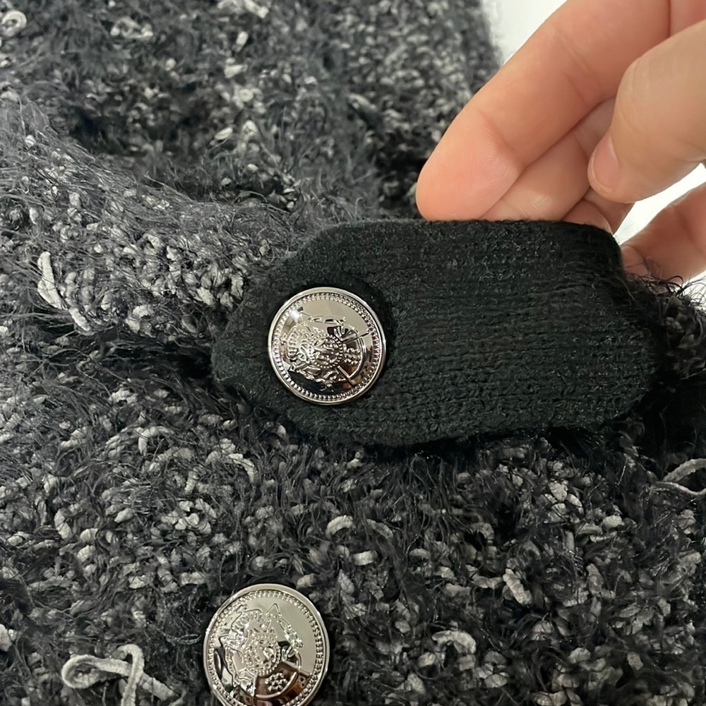Point Zero Black Bouclé Eyelash Knit Jacket Cardigan Military Button Detail P/S - Picture 3 of 13